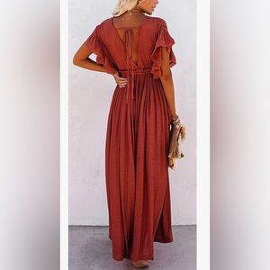 Button Down V Neck Ruffle Flowy Maxi Dress Drawstring Empire Waist Long Dress